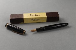 A Parker Duofold fountain pen in black with decorative band to cap having Duofold N nib in