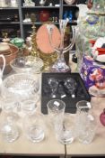 A selection of glass, including Villeroy and Boch candlestick, cut glass tumblers, and etched wine