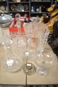 A selection of clear cut crystal glass wares including small compote, custard glass and decanters