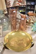 An Arts and Crafts hammered effect three footed brass bowl, a jug having Art Nouveau impressed