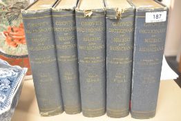 Five volumes of Groves dictionary of music and musicians, 1912 to 1914 editions.