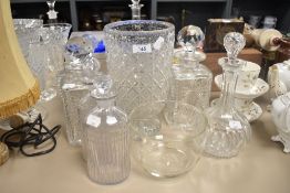 A selection of vintage clear cut glass wares including decanters, bowl and vase