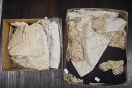 A box full of lace crotchet tatting and more a couple of garments included also a useful lot