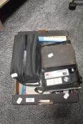 Two modern mens wallets, a Marconiphone cassette player with tapes etc