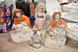 Three antique bisque figures including two red riding hood, girl in bonnet and German figure with