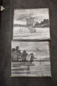 Two vintage Oriental metallic canvases depicting mountain and boat scenes.
