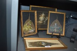 A lot of four framed art works, painting on peacock feather, two painted leaves and similar.