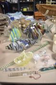 A selection of art glass including Murano style fish and lustre mushrooms