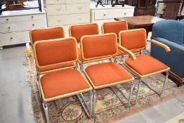 A set of six (four plus six) Marcel Breuer designer chairs, chrome and beech with upholstered russet