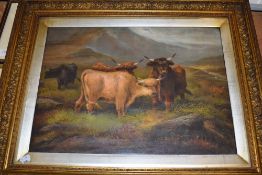 (19th century), a print, Highland cattle, 35 x 49cm, fancy gilt plaster framed and glazed, 55 x