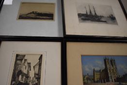 E S Bell, (20th century), an etching, castle on the hill, signed, 11 x 16cm, mounted framed and