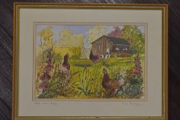 Ian Dunn, (contemporary), a watercolour, Three Lucky Hens, signed, 20 x31cm, mounted framed and