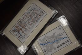 Adrian B M, (20th century), after, two prints, Glasgow 21 x 29cm, mounted framed and glazed and