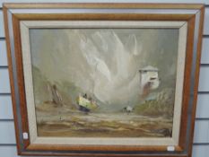 Jack R Mould, (1925-1998), an oil painting, harbour scene, signed, 39 x 49cm, mahogany and aluminium