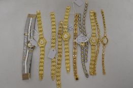 Nine ladies watches, all having black details.