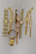 Nine ladies watches, having gold tone straps.