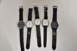 Six mens watches having black straps, including Sekonda.