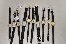 Ten girls/ladies fashion watches having black straps.