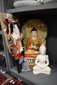 Two modern ceramic Buddha statues and a Japanese textile doll