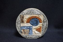 A mid century Troika small Wheel form vase in an Aztec pattern, St Ives Cornish studio pottery