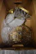 Three mid century brass cased and lustre droplet light fixtures or pendants