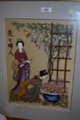 Two felt pictures of garden scenes and an oriental style embroidery, all framed and glazed.