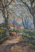 W Thompson, (19th/20th century), a watercolour, country lane, signed, 24 x 17cm, later gilt effect