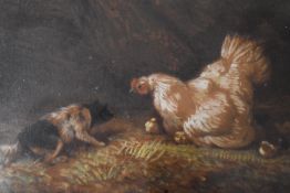 (19th century), an oil painting, cockerall and dog, 13 x 16cm, gilt plaster framed and glazed, 28