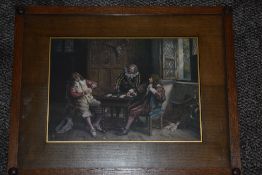 F M Bennett, (20th century), after, a print, Carolean players, dated 1921, 25 x 35cm, oak mounted