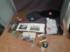 A collection of Militaria including WW2 King Own Borderers Beret with cloth badge, two Greys