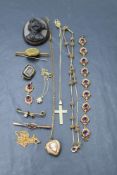 A small selection of vintage and antique rolled gold jewellery including hair brooch, Three pence