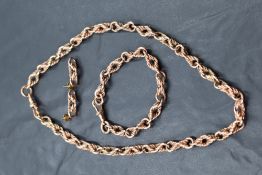 A matching 9ct rose gold necklace, bracelet and pair of stud earrings, approx 72g