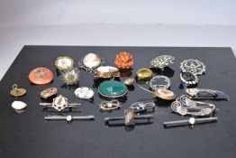 A selection of vintage brooches including silver, enamelled, diamante, cameo etc