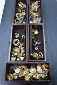 A carved treen five drawer antique jewellery chest with lockable front door, of small size having