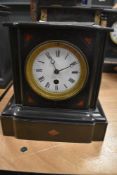 A Victorian slate and red marble mantel clock, with French movement and a Broco style escapment