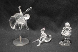 Three modern Swarovski silver crystal glass figurines of ballerinas with boxes