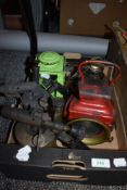 An early 20th century Lucas cycle or motor car lamp, two gas torches and Windermere tea can