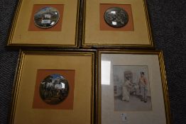 Three Victorian Pratt ware paste pot lids including Race Horses, Cottage scene and The Village