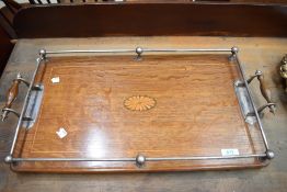 An Edwardian oak tray having inlay detailing
