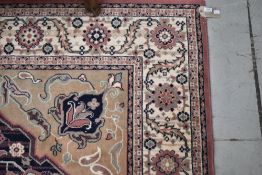 A Chinese room size carpet square, approx 290 x 203cm, with cream , jade and pink tones