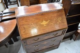 An Edwardian mahogany bureau having satinwood inlay decoration