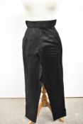 A pair of 1940s black cotton sateen trousers having high waist and hook and eye side fastening.