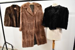 A vintage Coney coat and two shrugs, one having label reading 'Fashioned exclusively from skins