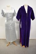 A 1940s blue satin/ rayon nightdress with lace detail and tie waist and a 1960s purple velvet