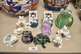 A selection of Frog themed crested wares, spill vases and paper weights including green Lustre