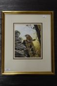 Ralph Waterhouse, (1943- contemporary), a gouache painting, bird on gatepost, signed, 23 x 18cm,