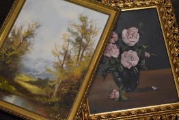 F J Evans, an oil painting on board, still life, signed, 35 x 30cm, gilt effect swirl framed, 48 x