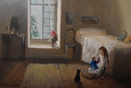 Deborah Jones, (1921-2012), an oil painting on board, Talking to Dolly, signed, and attributed