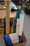 Box of upholstery and lining fabrics,possibly pattern/tracing paper and similar.