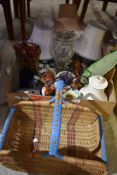 A real range of items here including a pair blue glass based lamps, Carlton Ware leaf plate, Kodak
